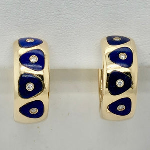 18K Yellow Gold Blue Enamel Hoop Earrings  CE0237