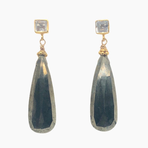 Designer Vermeil Earrings with Long Pyrite Drop and Citrine Top on Post  CE0168