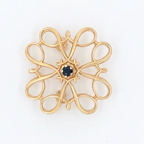 10K Yellow Gold Four Sector Swirl Pin with Blue Stone (Believed to be Sapphire) in Center   CP0023
