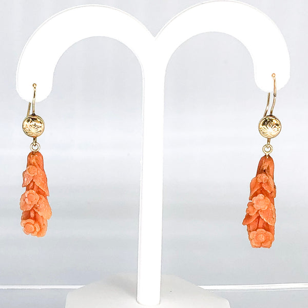 14K Yellow Gold Carved Coral Dangle Earrings CE0006