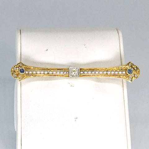 Vintage 14K Yellow Gold Diamond/Pearl/Blue Stone Bar Pin CP0004
