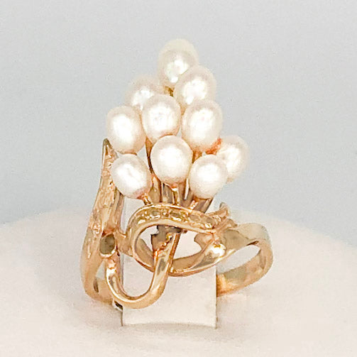 Vintage 14K Yellow Gold Long Cluster of Pearls Ring CR0047