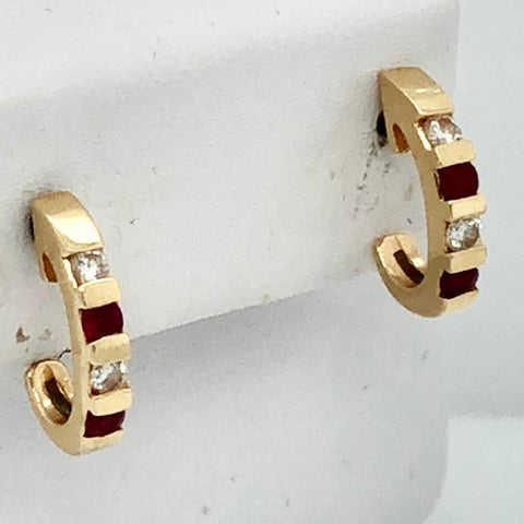 14K Yellow Gold1/2 Hoop Clear Stone and Pink Stone Earrings  CE0232