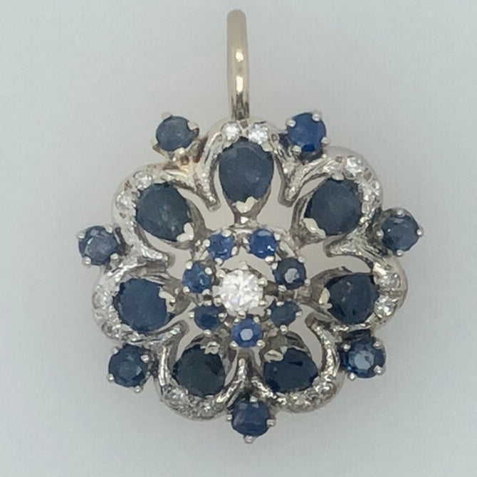 14K White Gold Blue Sapphire and Diamond Cluster Pendant  CPend0078