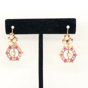 14K Yellow Gold Pearl & Pink Stone Dangle Earrings  CE0216