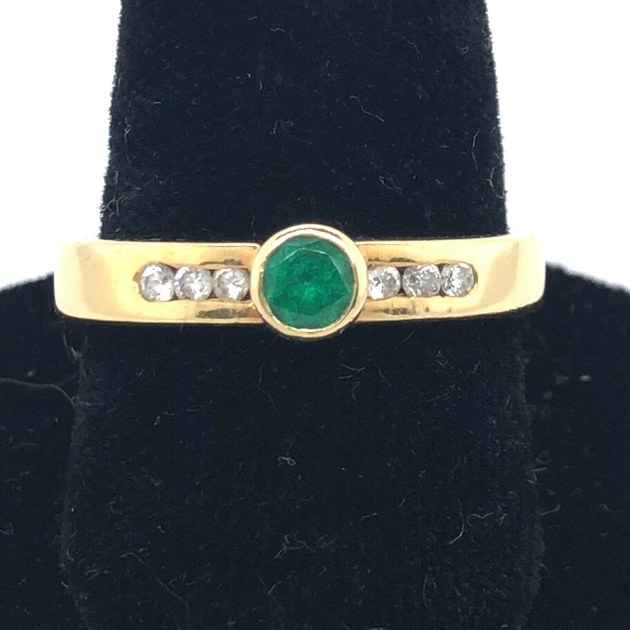 18K Yellow Gold Band Ring with Bezel Emerald and Diamond Accents  CR0339