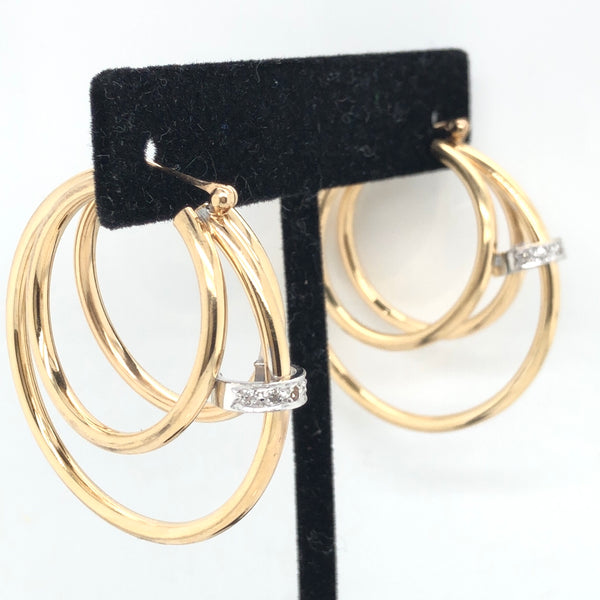 14K Yellow Gold 3 Ring Hoop Earrings with White Gold Diamond Accent  CE0189