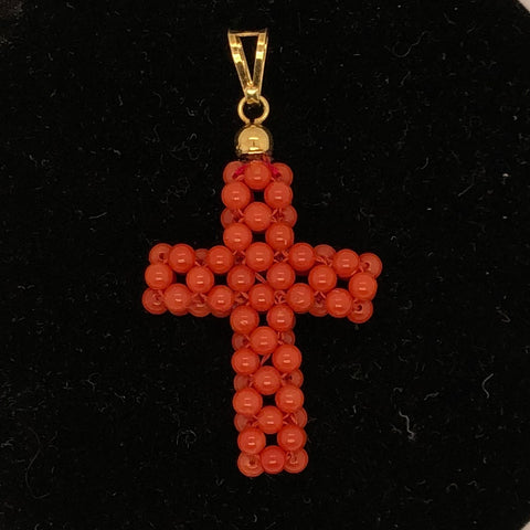 18K Yellow Gold Coral Bead Cross  CPEND0035