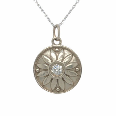 14K White Gold Decorated Disk Pendant with Diamond on 14K White Gold Chain  SI0116