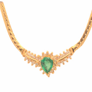 14K Yellow Gold V Necklace with Herringbone Chain and Emeralds/Diamonds  CN0076