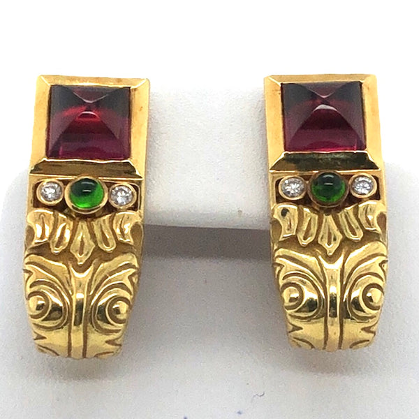 18K Yellow Gold Designer Rhodolite Garnet, Green Diopside, and Diamond Earring  CE0187