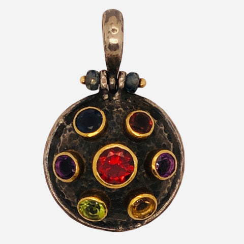 Round Silver Pendant with 24K Gold Bezels of Multi Colored Stones  CPend0045