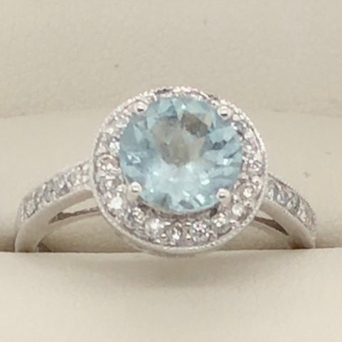 14K White Gold Halo Ring with Round Aquamarine in Center  CR0313