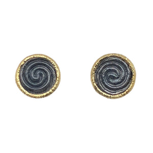 White Horse Designs - Oxidized Sterling Silver & 18K Yellow Gold Small Round Spiral Earrings  CE0174