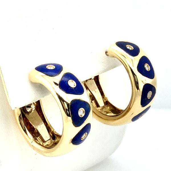 18K Yellow Gold Blue Enamel Hoop Earrings  CE0237