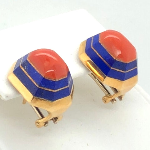 18K Yellow Gold Blue Enamel and Coral Earrings  CE0223
