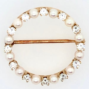 14K Yellow Gold Circle Pin with Pearls and Diamonds  CP0046