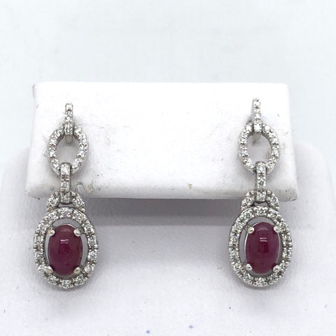 14K White Gold Diamond Dangle Earrings with Cabochon Ruby  SI0421