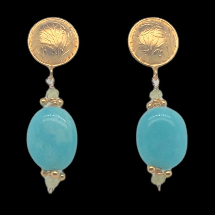 Designer Vermeil Earrings with Decorated Top and Amazonite Dangle on Post  CE0167