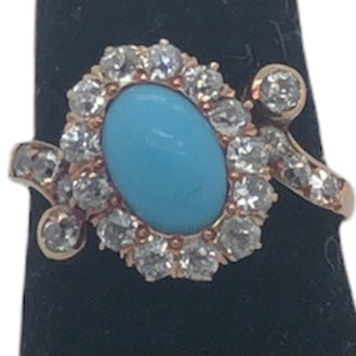 14K Yellow Gold Antique Ring with Oval Persian Turquoise and Old Cut Diamonds  CR0253