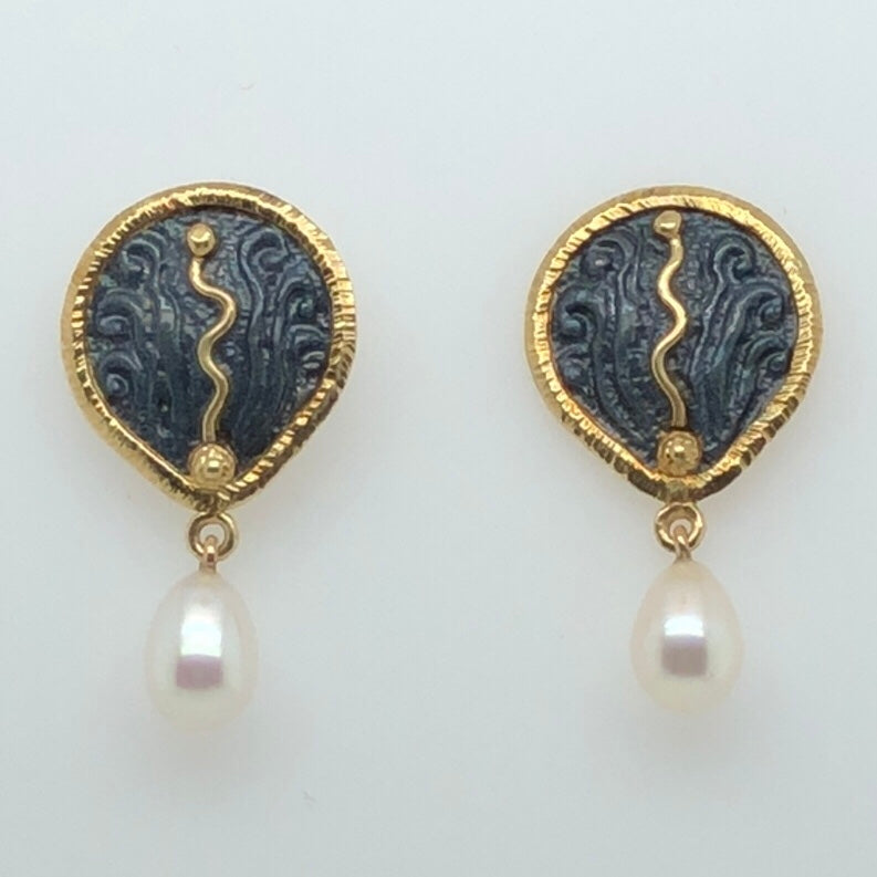 White Horse Designs - Oxidized Sterling Silver & 18K Yellow Gold Roundish Squiggle Earrings with Pearls  CE0176