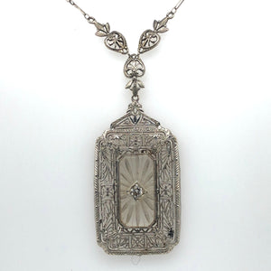 14K White Gold Art Deco Etched Crystal & Diamond Necklace  JH0006