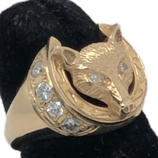 White Horse Designs - 14K Yellow Gold & Diamond Fox Head in Horseshoe Ring  CR0274