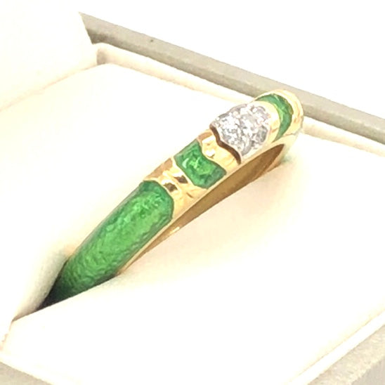 14K Yellow Gold Green Enamel Ring with Diamond Accents  CR0310