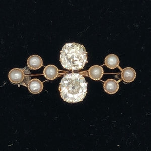 18K Yellow Gold Pearl Brooch with Two Large Old Cut Diamonds  CP0054