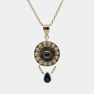 14K Yellow Gold Sunburst with Blue Sapphire, Rimmed with Pearls, Sapphire Dangle Necklace  SI0120