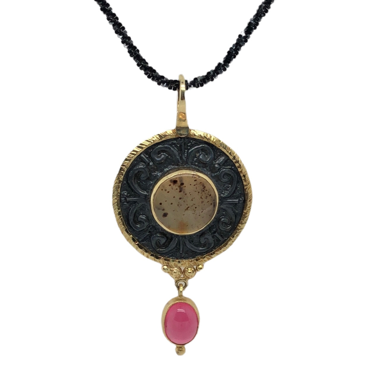 White Horse Designs - Round Repousse Necklace with Agate & Pink Tourmaline  CN0088