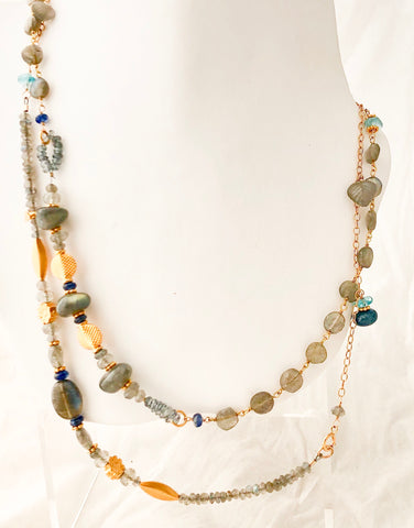 Vermeil Bead, Labradorite, Grey Sapphires Fairy Necklace  - CN0020