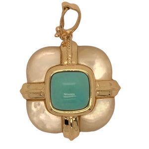 14K Yellow Gold Inlaid Mother of Pearl and Turquoise Pendant  CPend0042