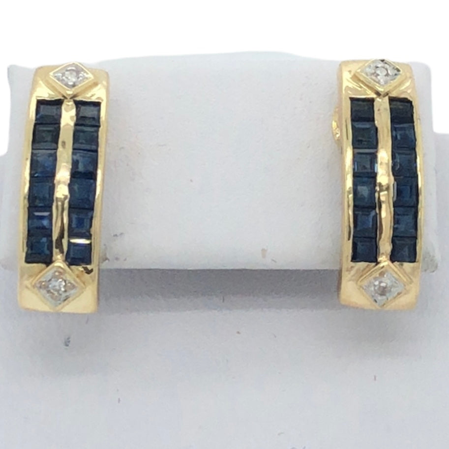 14K Yellow Gold Channel Set Blue Sapphire & Diamond Accent Earrings  CE0188