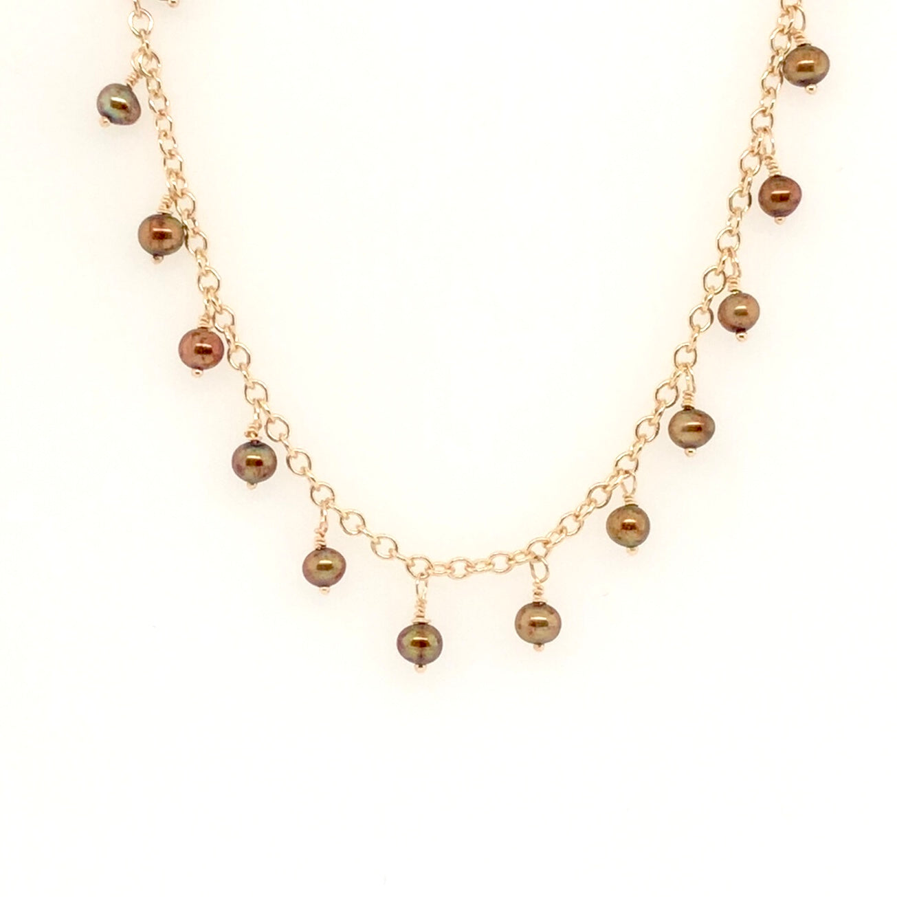 14K Yellow Gold Chain Necklace with Tiny Dangling Brown Pearls  CN0106