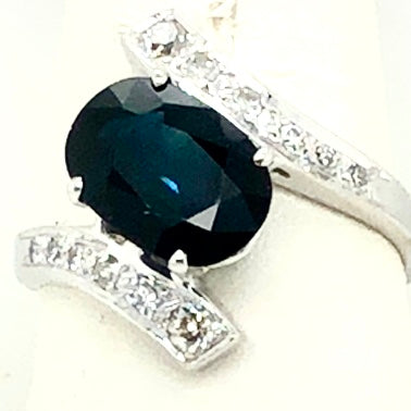 14K White Gold Tilted Blue Sapphire & Diamond Ring  CR0331
