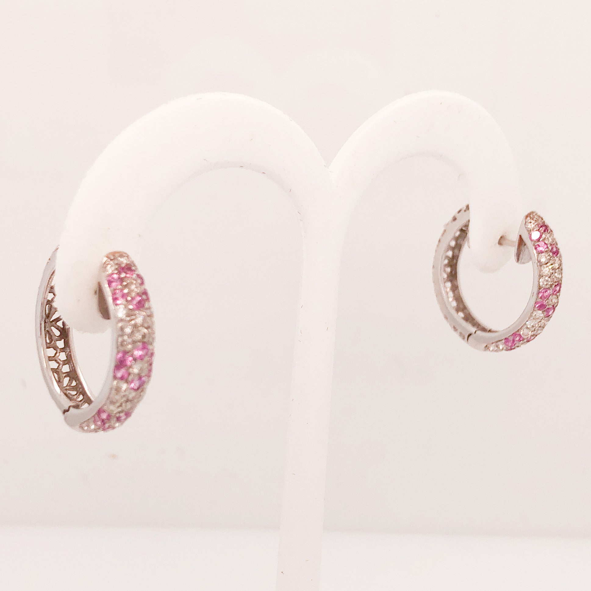 18K White Gold Diamond and Pink Sapphire Hoop Earrings  CE0128