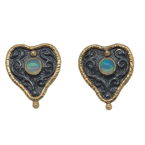 White Horse Designs - Oxidized Sterling Silver & 18K Yellow Gold Heart Earrings with Opals  CE0178