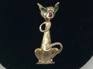 14K Yellow Gold Siamese Cat Pin w/Green & Pink Stones  CP0042