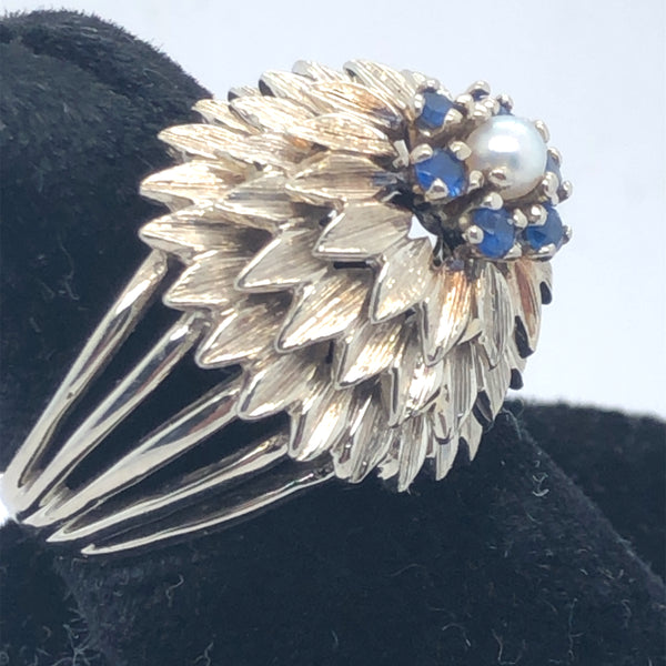 14K White Gold Diamond Hive Ring with Sapphires and Pearl  CR0202
