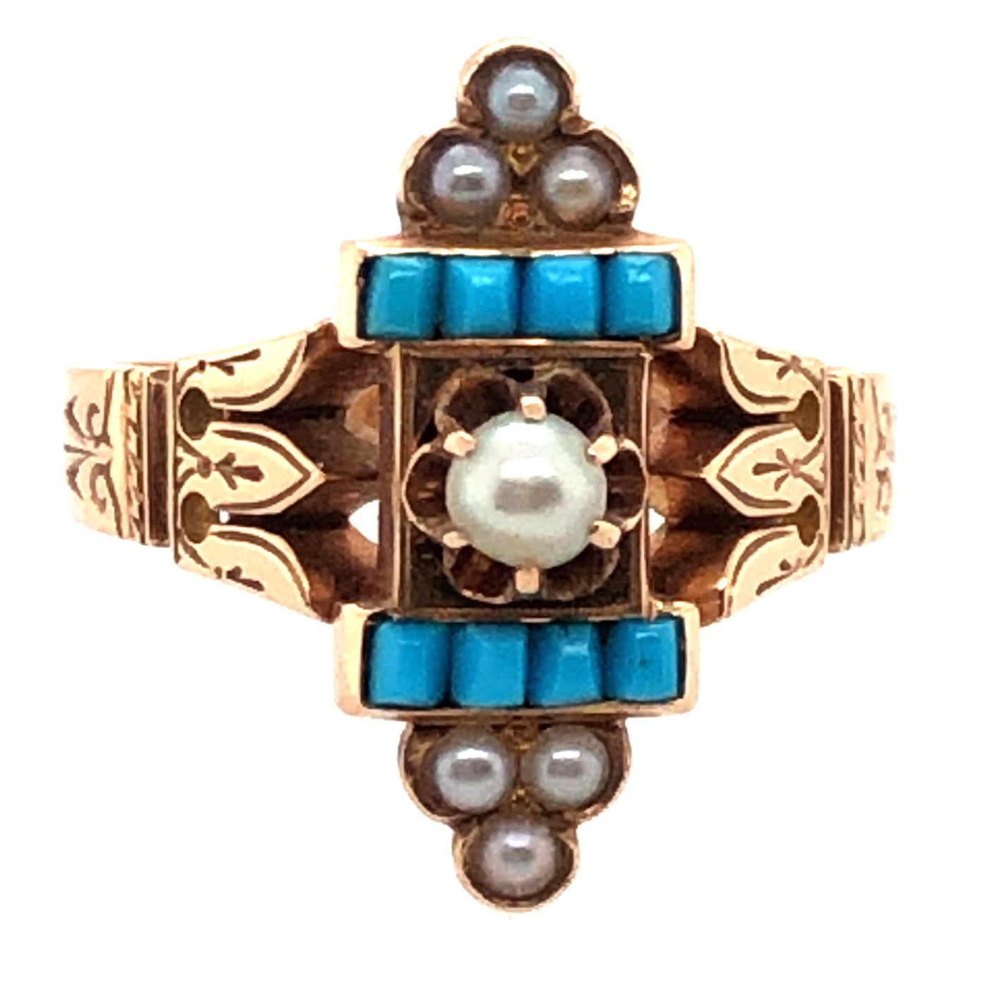 Antique Etruscan Revival Persian Turquoise Seed Pearl Ring  CR0215