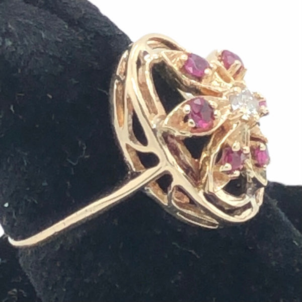 14K Yellow Gold Floral Ring with Pink Stones and Diamond  CR0229