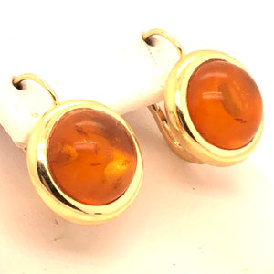 14K Yellow Gold Leverback Earrings with Round Cabochon Amber  CE0166
