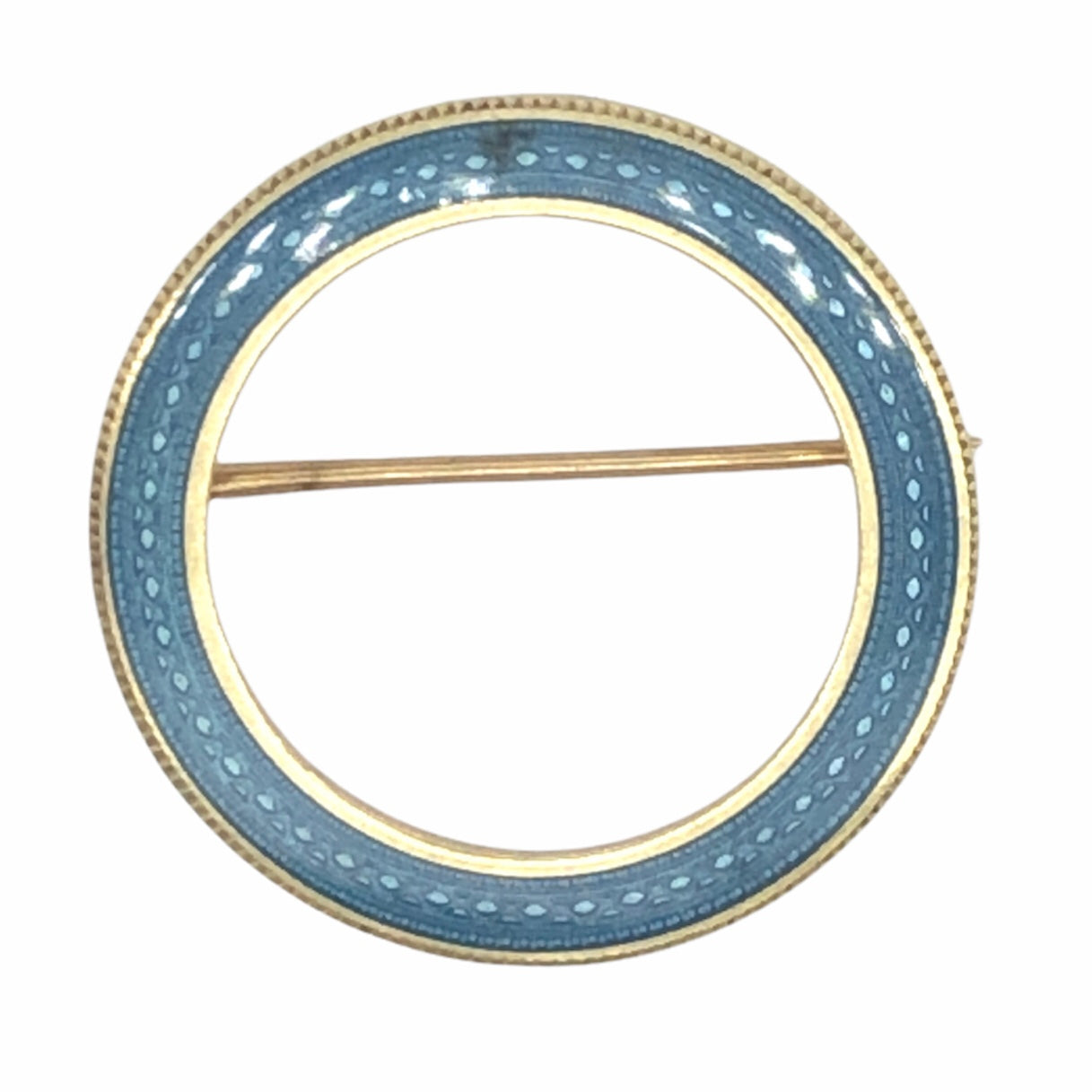 14K Yellow Gold Circle Pin with Light Blue Guilloche Pin  CP0031