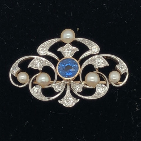 14K White Gold/Yellow Gold Blue  Ble Stone and Pearl Edwardian Pin  CP0059