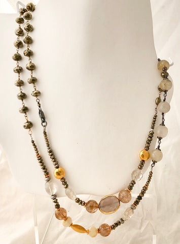 Vermeil Bead, Pyrite, Rut Quartz Fairy Necklace  - CN0017