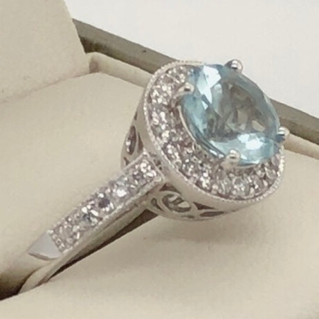14K White Gold Halo Ring with Round Aquamarine in Center  CR0313