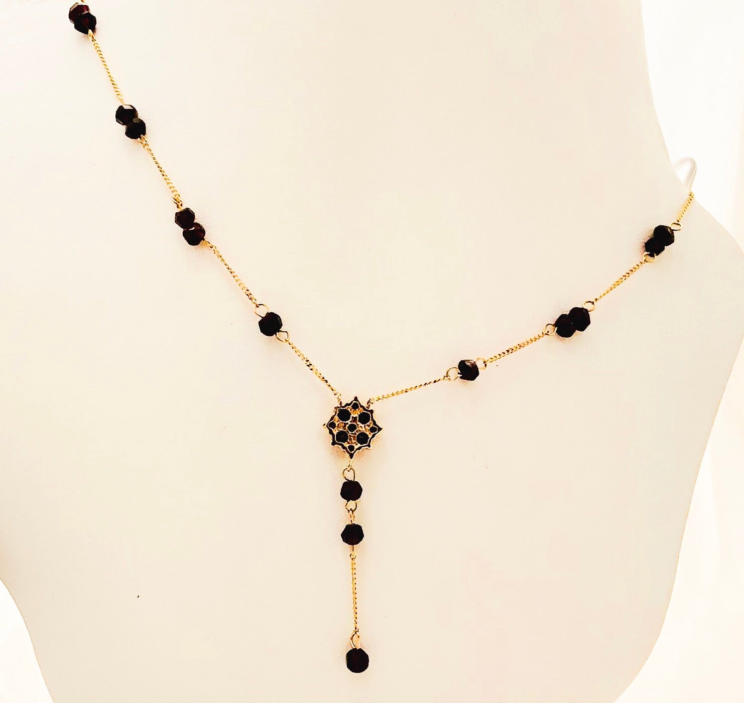 14K Yellow Gold Garnet Dangle Necklace  - CN0026