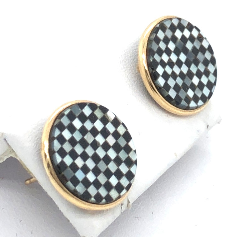 14K Yellow Gold Black & White Checkered Earrings  CE0229