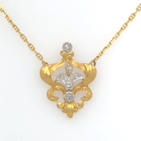 14K Yellow Gold Necklace with Diamond Accented Fleur-De-Lis Center  JSI0232